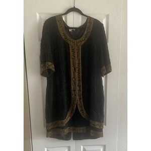 Brilliante by J.A. Vintage Beaded Shift Dress Womens L Black Gold Evening Silk L